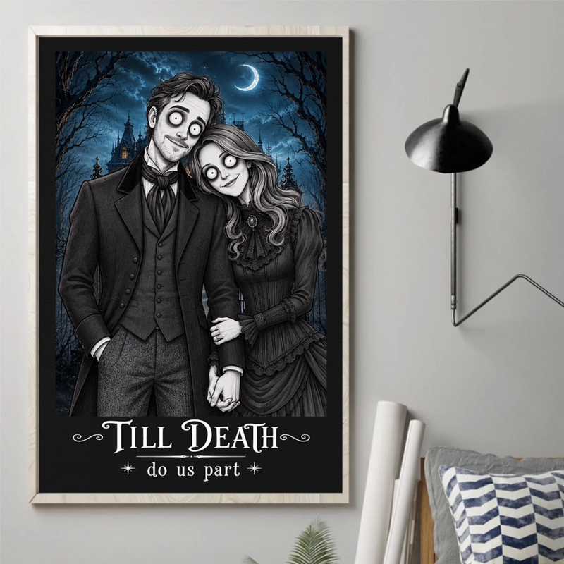 Custom Photo Gothic Vertical Poster - Personalized Halloween Anniversary Wedding Gifts For Husband And Wife, Him And Her - Deadly In Love Together