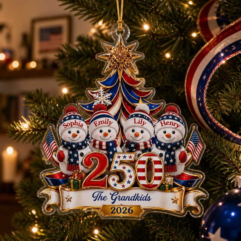 Custom Acrylic Ornament - Personalized America 250th Anniversary Christmas Gifts For Mom, Grandma, Dad, Grandpa - United In Love Proud In Spirit