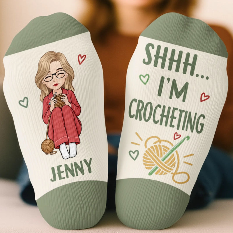 Custom Yarn Crew Socks - Personalized Birthday Gifts For Crochet Knitting Lovers, Crocheters, Knitters, Wife, Daughter, Besties, Sisters, Granddaughter, Grandma, Mom, Yourself - Just One More Row Today