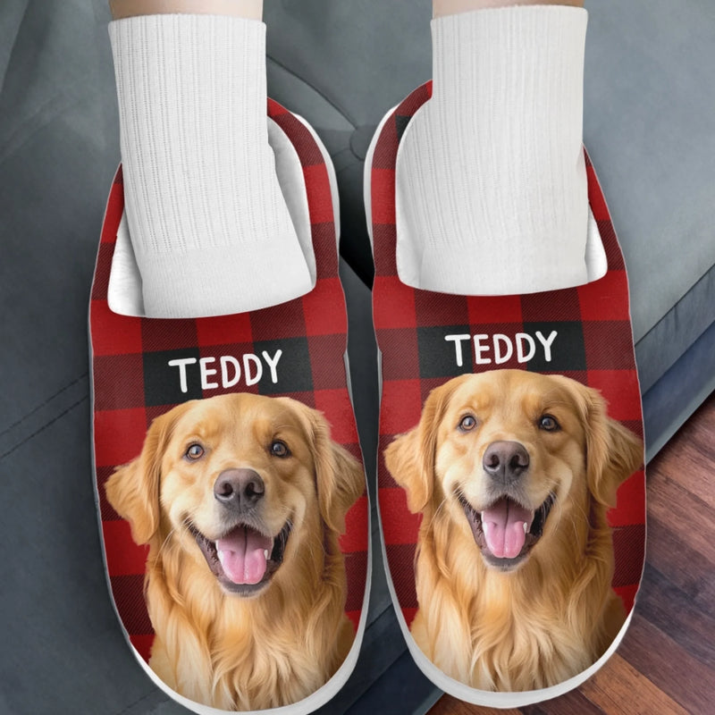 Custom Photo Fluffy Slippers - Personalized Christmas Birthday Gifts For Dog Cat Lovers, Dog Dad And Mom, Cat Owners - Happiness Is A Warm Puppy
