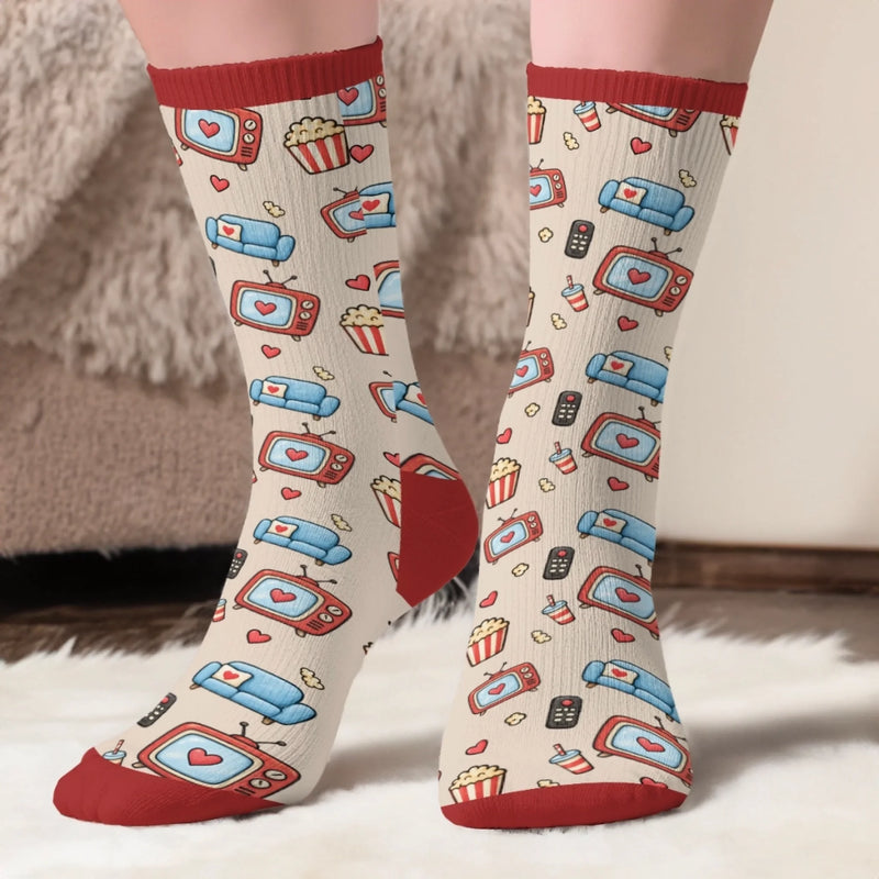 Custom Crew Socks - Personalized Birthday Gifts For Wife, Daughter, Besties, Sisters, Granddaughter, Grandma, Mom, Yourself - Movie Night With Delicious Popcorn