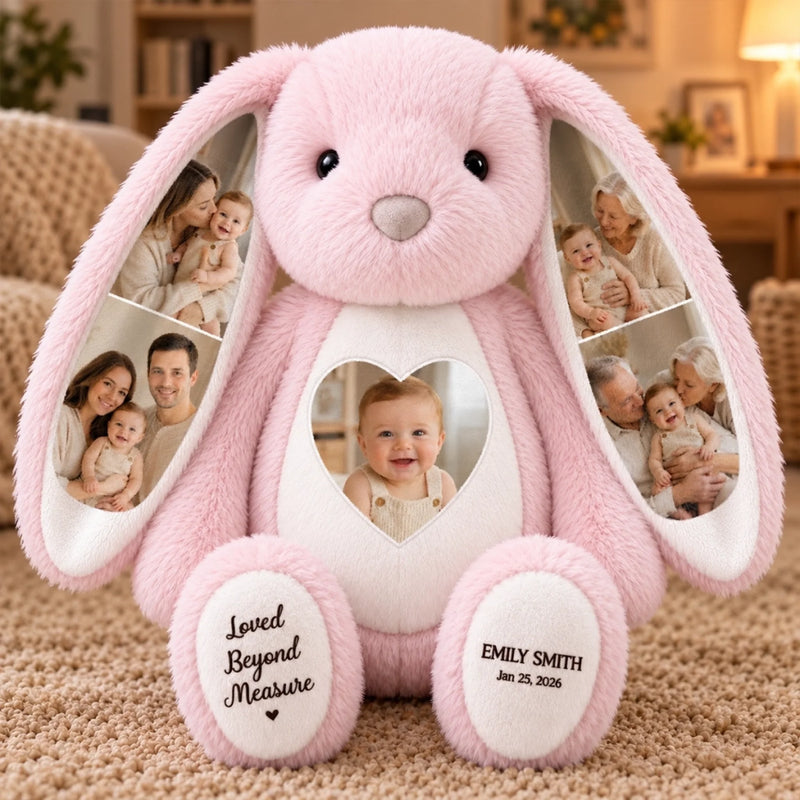 Custom Photo Heart Bunny Plush - Personalized Baby Shower, Gender Reveal Gifts For New Moms, New Dads, New Parents - Our Little Miracle