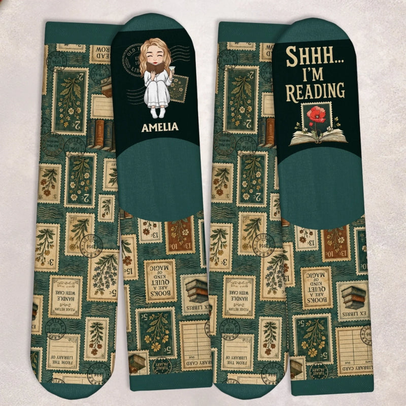 Custom Shh I'm Reading Crew Socks - Personalized Bookish Gifts For Book Lovers, Bookworms, Readers - Magic Lives Between The Pages