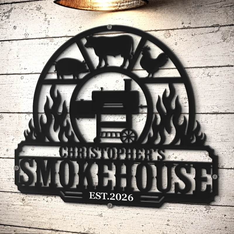 Custom BBQ Shaped Metal Sign - Personalized Grilling Gifts For BBQ Lovers, Husband, Son, Grandson, Brother, Grandpa, Dad, Yourself - Smokin Hot Flavor Everyday Here
