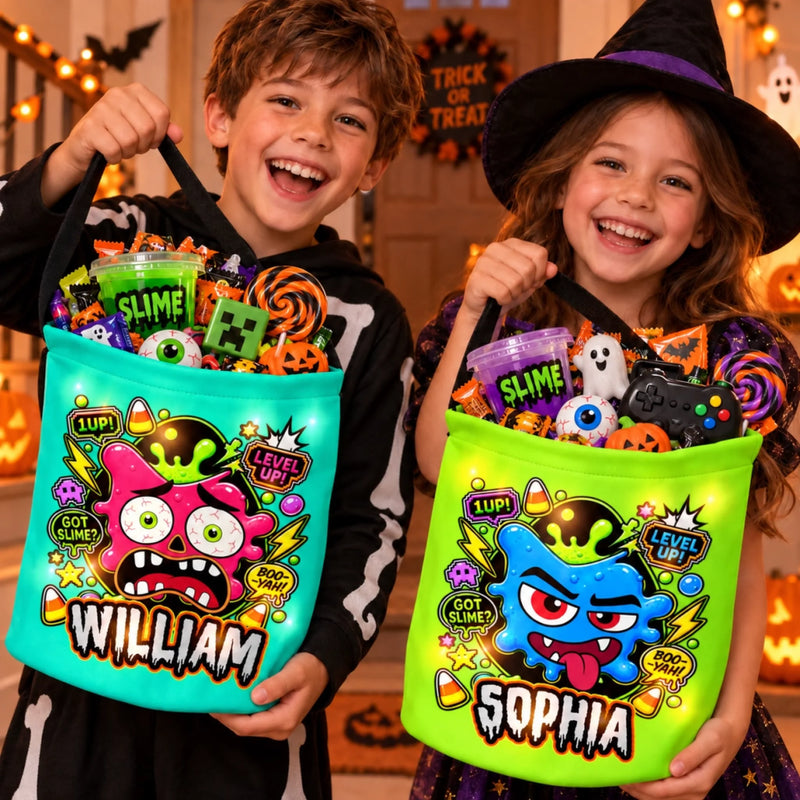 Custom Monster LED Light Bucket Bag - Personalized Halloween Birthday Gifts For Kids - Monster Candy Hunter