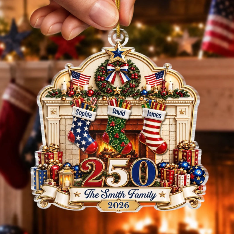 Custom Acrylic Ornament - Personalized America 250th Anniversary Christmas Gifts For Mom, Dad, Brother, Sister - Our Family, Our Tradition