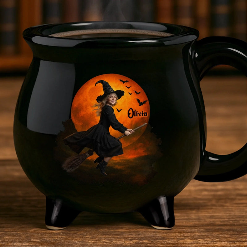 Custom Photo Witchy 12oz Ceramic Cauldron Coffee Mug - Personalized Halloween Gifts For Witch, Wife, Daughter, Besties, Sisters, Granddaughter, Grandma, Mom, Yourself - Fueled By Moonlight