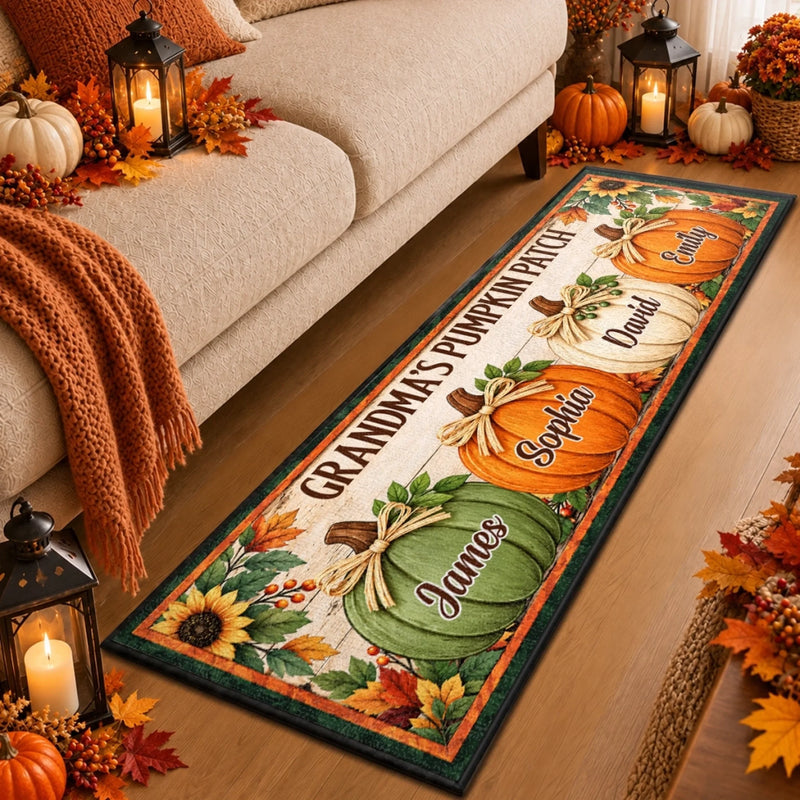 Custom Pumpkin Runner Rug - Personalized Birthday Gifts For Mom, Dad, Brother, Sister - Welcome To Our Harvest Home