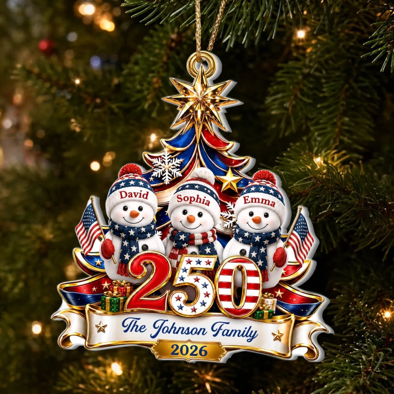 Custom Snowman Premium 3D Ornament - Personalized America 250th Anniversary Christmas Gifts For Mom, Dad, Brother, Sister - United In Holiday Cheer