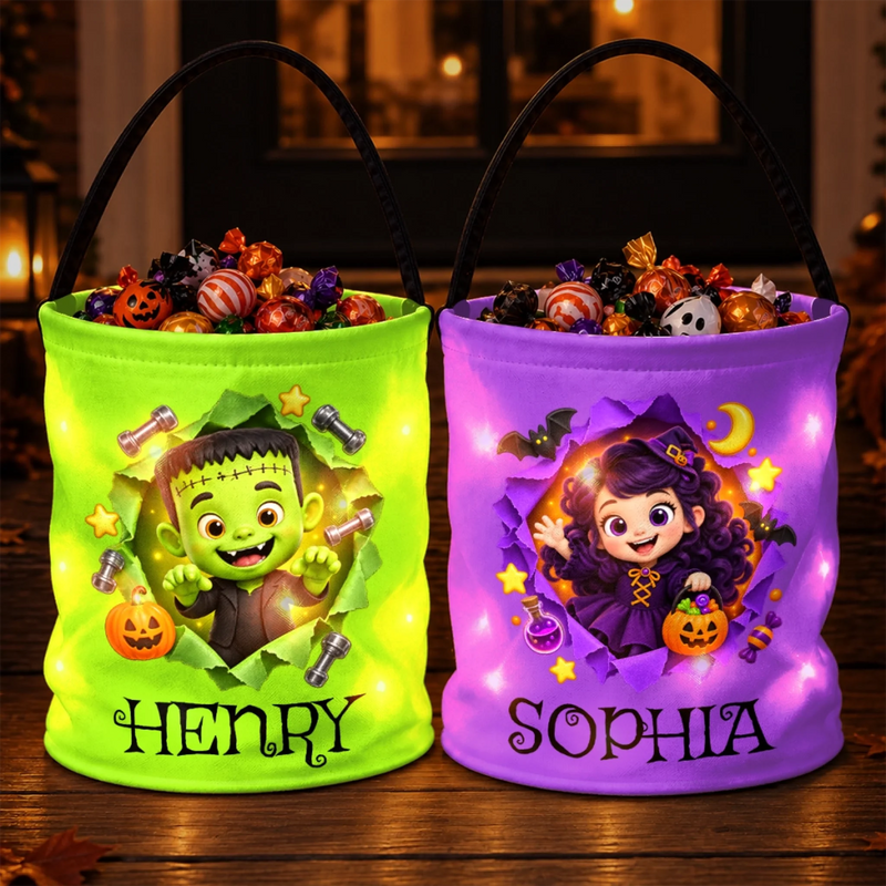 Custom LED Light Bucket Bag - Personalized Halloween Birthday Gifts For Kids - Spooky Little Sidekick