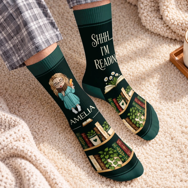 Custom Shh I'm Reading Crew Socks - Personalized Bookish Gifts For Book Lovers, Bookworms, Readers - Lost In My Favorite Story