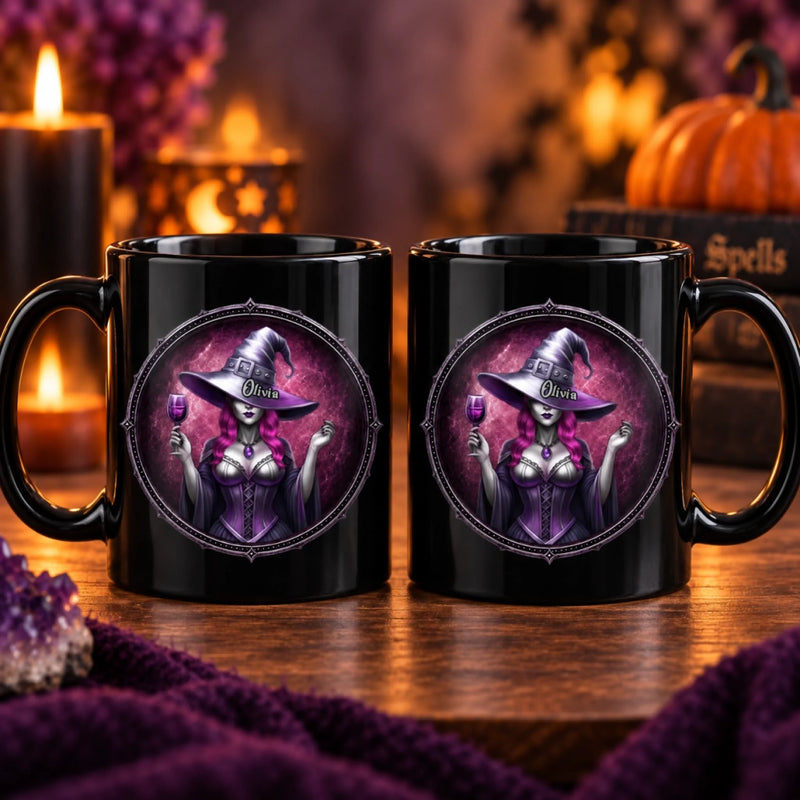 Custom Witchy Black Mug - Personalized Halloween Gifts For Witch, Wife, Daughter, Besties, Sisters, Granddaughter, Grandma, Mom, Yourself - Magic Runs In My Veins