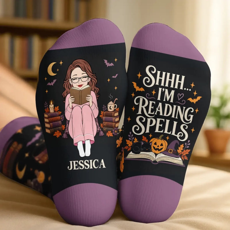 Custom Shh I'm Reading Crew Socks - Personalized Halloween Bookish Gifts For Book Lovers, Bookworms, Readers - Witchy Bookworm Vibes
