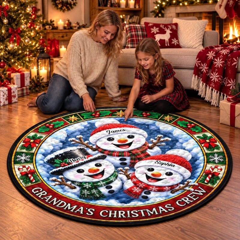 Custom Snowman Quilted Round Mat - Personalized Christmas Birthday Gifts For Grandma, Grandpa - Snowman Kisses, Holiday Wishes