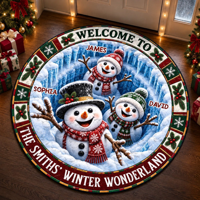 Custom Snowman Quilted Round Mat - Personalized Christmas Birthday Gifts For Mom, Dad, Brother, Sister - Winder Wonderland