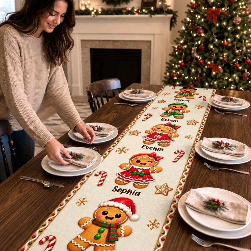 Custom Gingerbread Table Runner - Personalized Christmas Birthday Gifts For Mom, Dad, Brother, Sister - Merry Hearts Gather Here