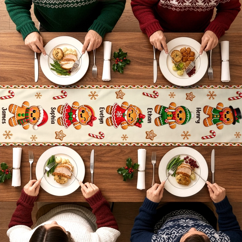 Custom Gingerbread Table Runner - Personalized Christmas Birthday Gifts For Mom, Dad, Brother, Sister - Merry Hearts Gather Here