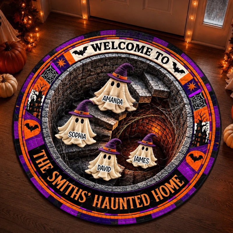 Custom Haunted Home Quilted Round Mat - Personalized Halloween Decor Birthday Gifts For Mom, Dad, Brother, Sister - Spooky Nights Happy Hearts