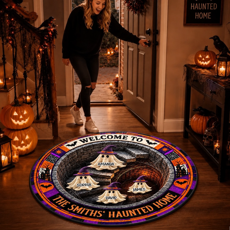 Custom Haunted Home Quilted Round Mat - Personalized Halloween Decor Birthday Gifts For Mom, Dad, Brother, Sister - Spooky Nights Happy Hearts