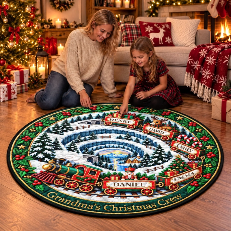 Custom Quilted Round Mat - Personalized Christmas Birthday Gifts For Grandma, Grandpa - Grandma’s Christmas Train Crew