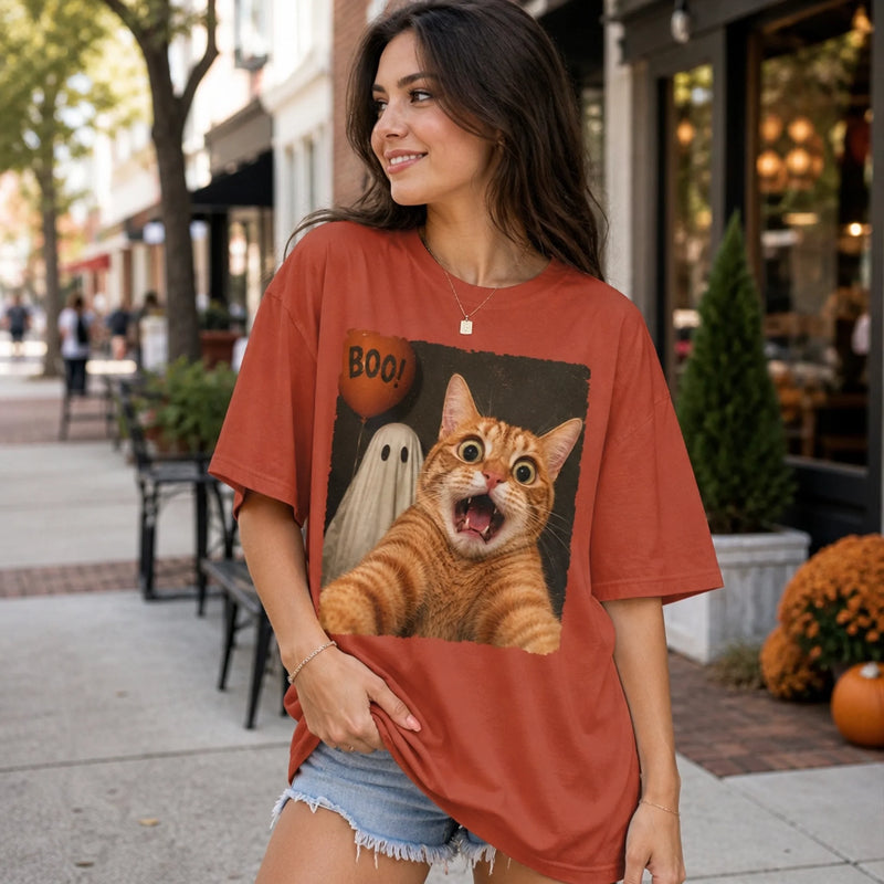 Custom Photo Funny Cat Selfie With Boo T-Shirt - Personalized Halloween Gifts For Dog Cat Lovers, Dog Dad And Mom, Cat Owners - Selfie With My Boo