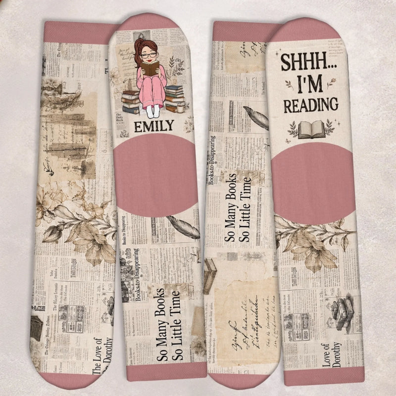 Custom Shh I'm Reading Crew Socks - Personalized Bookish Gifts For Book Lovers, Bookworms, Readers - Happiest Between The Pages