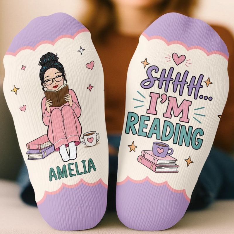 Custom Shh I'm Reading Crew Socks - Personalized Bookish Gifts For Book Lovers, Bookworms, Readers - Lost In My Own Magical World