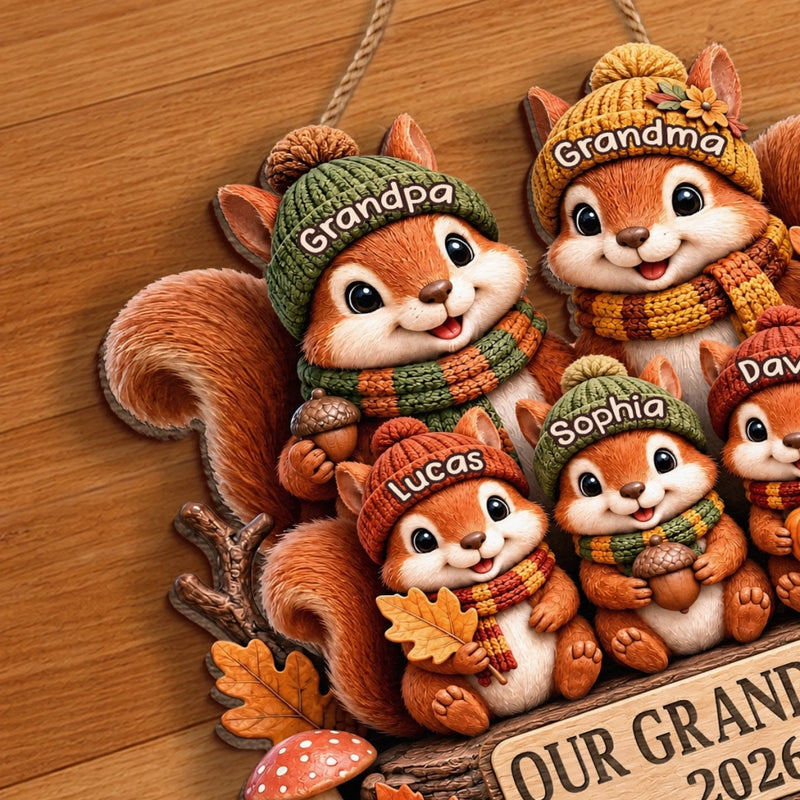Custom Squirrels, Nuts Wood Sign - Personalized Birthday Gifts For Grandma, Grandpa - Our Little Acorn Crew