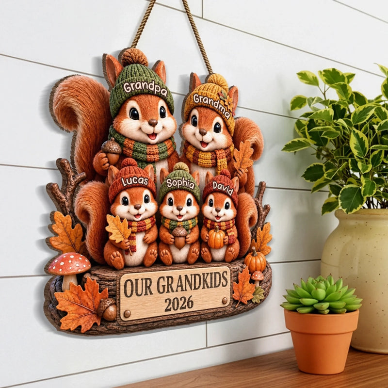 Custom Squirrels, Nuts Wood Sign - Personalized Birthday Gifts For Grandma, Grandpa - Our Little Acorn Crew