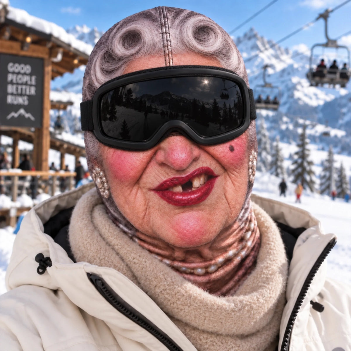 Funny ski face mask worn with goggles