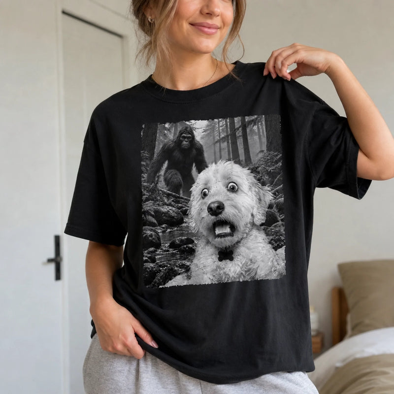 Custom Photo Funny Dog Selfie With Bigfoot Sasquatch Comfort T-Shirt - Personalized Birthday Gifts For Dog Cat Lovers, Dog Dad And Mom, Cat Owners - Bigfoot Spotted With Paws