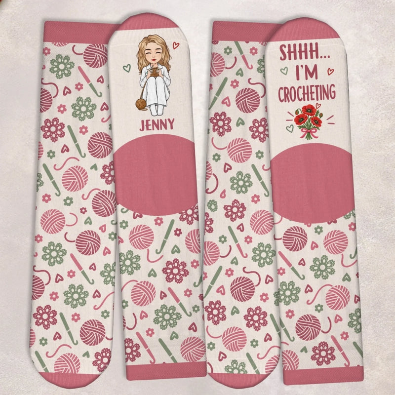 Custom Yarn Crew Socks - Personalized Birthday Gifts For Crochet Knitting Lovers, Crocheters, Knitters, Wife, Daughter, Besties, Sisters, Granddaughter, Grandma, Mom, Yourself - Yarn Is My Happy Place