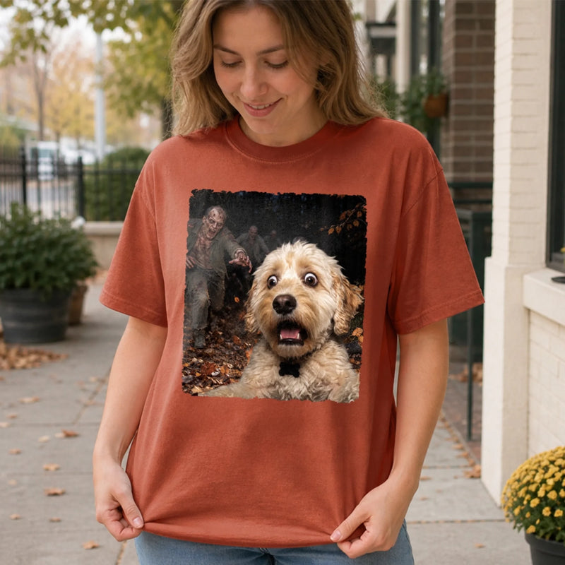 Custom Photo Funny Dog Selfie With Boo Comfort T-Shirt - Personalized Halloween Birthday Gifts For Dog Cat Lovers, Dog Dad And Mom, Cat Owners - Spooky Season, Happy Paws