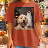 Custom Photo Funny Dog Selfie With Boo Comfort T-Shirt - Personalized Halloween Birthday Gifts For Dog Cat Lovers, Dog Dad And Mom, Cat Owners - Paws, Ghosts And Smiles