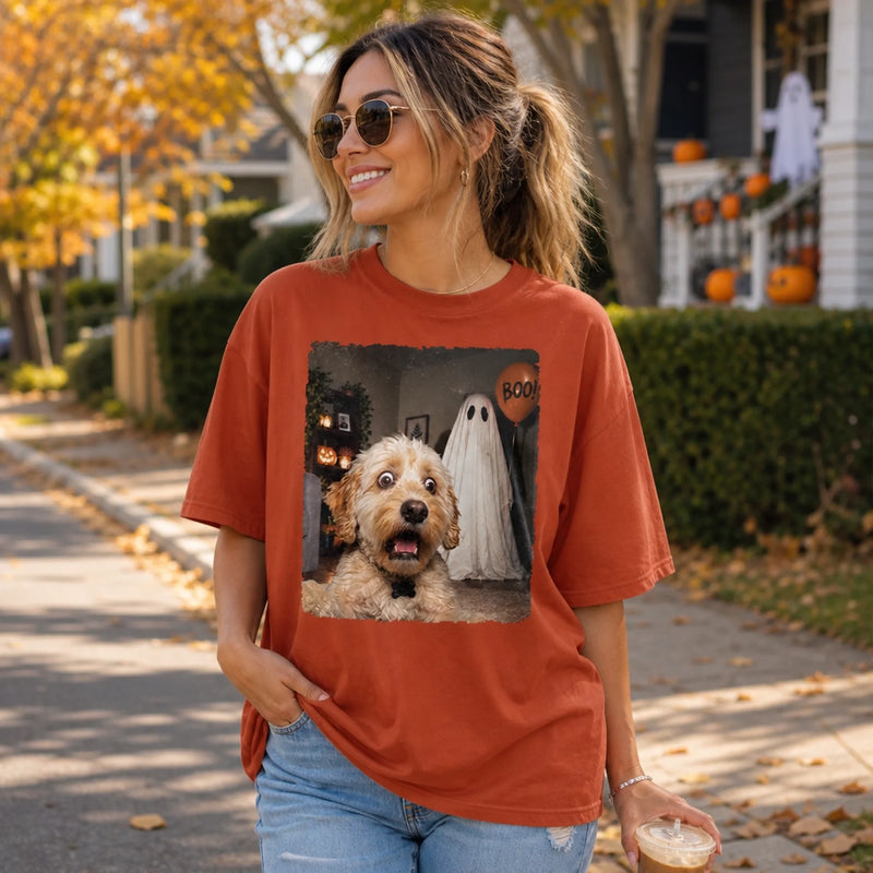 Custom Photo Funny Dog Selfie With Boo Comfort T-Shirt - Personalized Halloween Birthday Gifts For Dog Cat Lovers, Dog Dad And Mom, Cat Owners - Paws, Ghosts And Smiles
