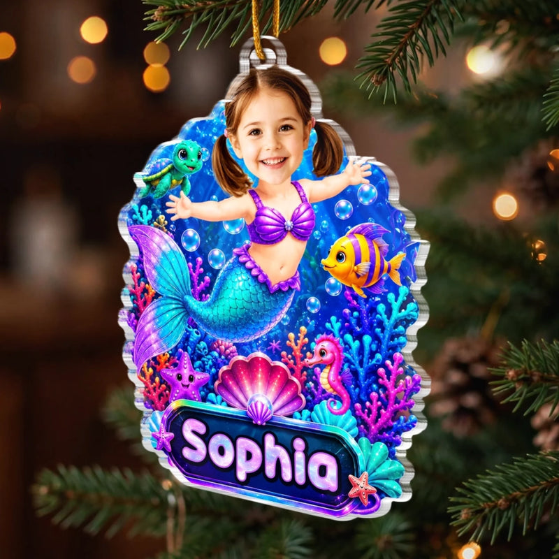 Custom Photo Mermaid Acrylic Ornament - Personalized Christmas Birthday Gifts For Kids - Little Cute Mermaid