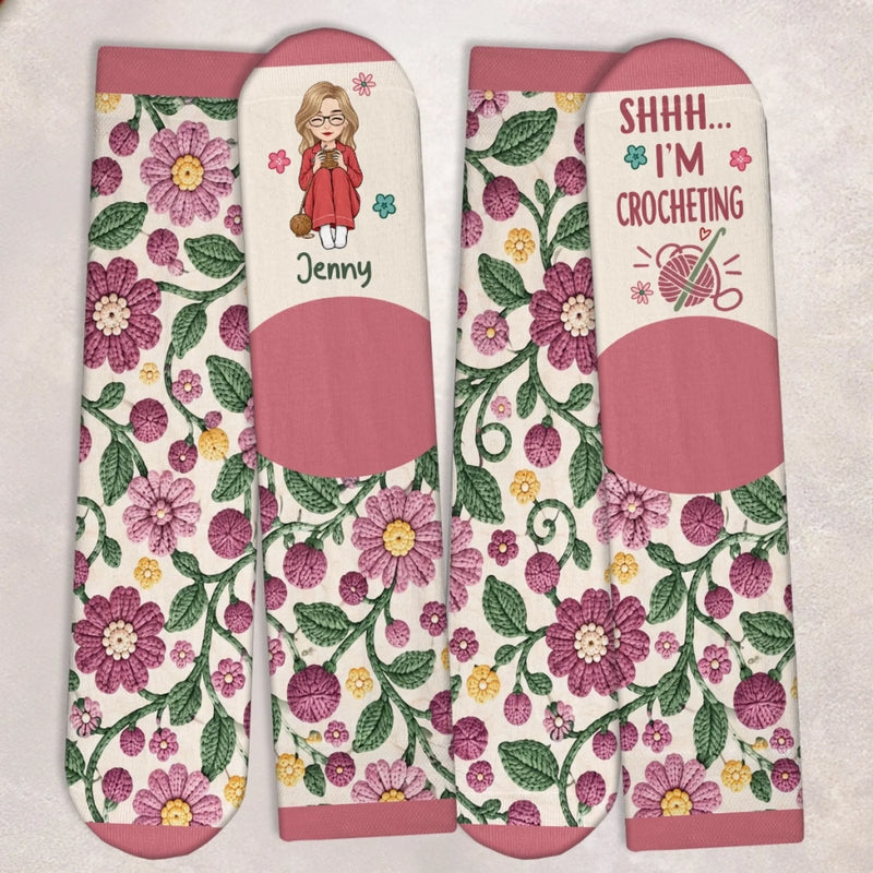 Custom Yarn Crew Socks - Personalized Birthday Gifts For Crochet Knitting Lovers, Crocheters, Knitters, Wife, Daughter, Besties, Sisters, Granddaughter, Grandma, Mom, Yourself - Stitching My Way To Happy