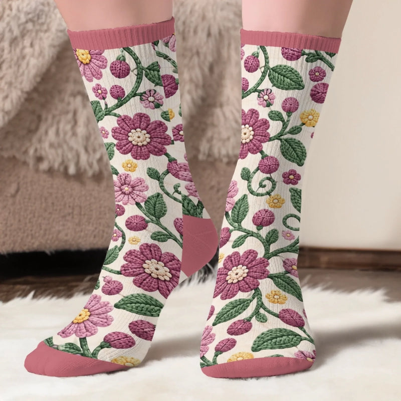 Custom Yarn Crew Socks - Personalized Birthday Gifts For Crochet Knitting Lovers, Crocheters, Knitters, Wife, Daughter, Besties, Sisters, Granddaughter, Grandma, Mom, Yourself - Stitching My Way To Happy