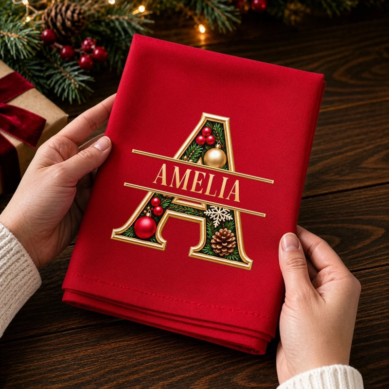 Custom Monogram Cotton Napkin - Personalized Christmas Birthday Gifts For Mom, Dad, Brother, Sister - Evergreen Gold Monogram