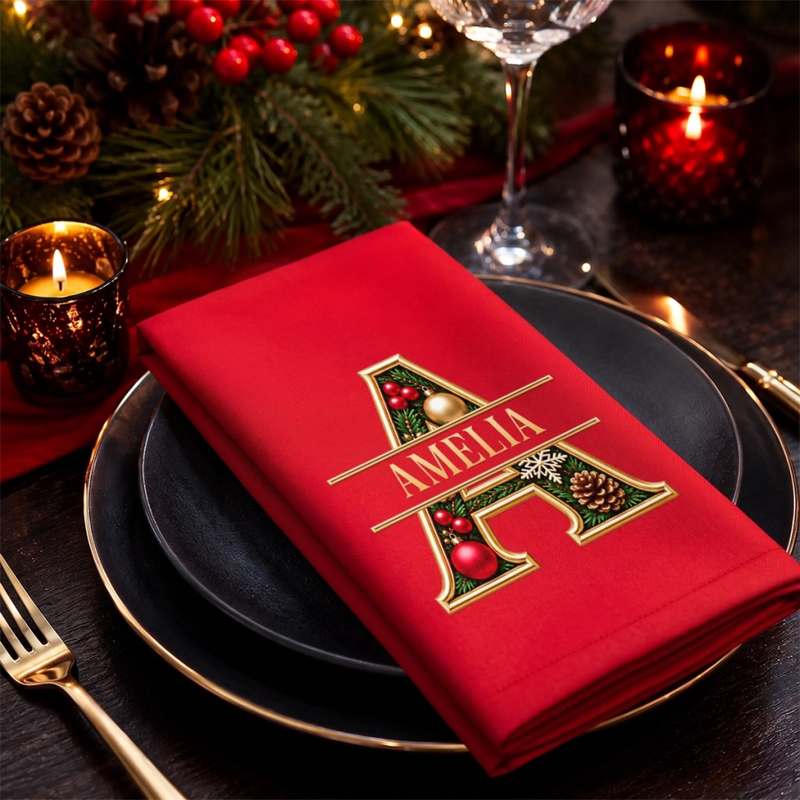 Custom Monogram Cotton Napkin - Personalized Christmas Birthday Gifts For Mom, Dad, Brother, Sister - Evergreen Gold Monogram