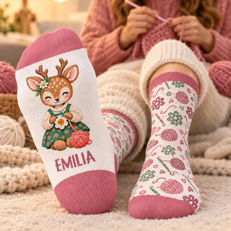 Custom Yarn Crew Socks - Personalized Birthday Gifts For Crochet Knitting Lovers, Crocheters, Knitters, Wife, Daughter, Besties, Sisters, Granddaughter, Grandma, Mom, Yourself - Happiness Is Handmade