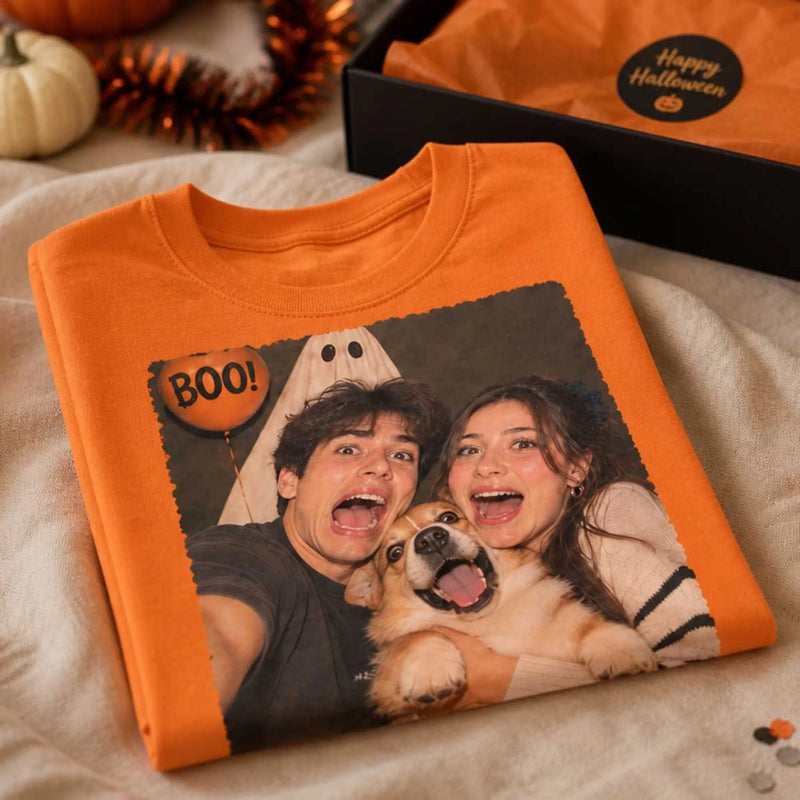 Custom Photo Bestie & Couple Halloween Selfie T-Shirt – Personalized Funny Halloween Shirt With Pet, BFF or Couple Gift, Partners in Crime. Partners in Haunt.