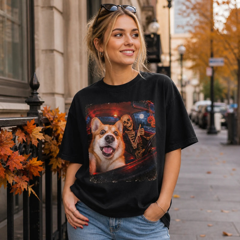 Custom Photo Funny Dog Selfie With Skeleton Comfort T-Shirt - Personalized Halloween Birthday Gifts For Dog Cat Lovers, Dog Dad And Mom, Cat Owners - Paws, Bones And Laughs