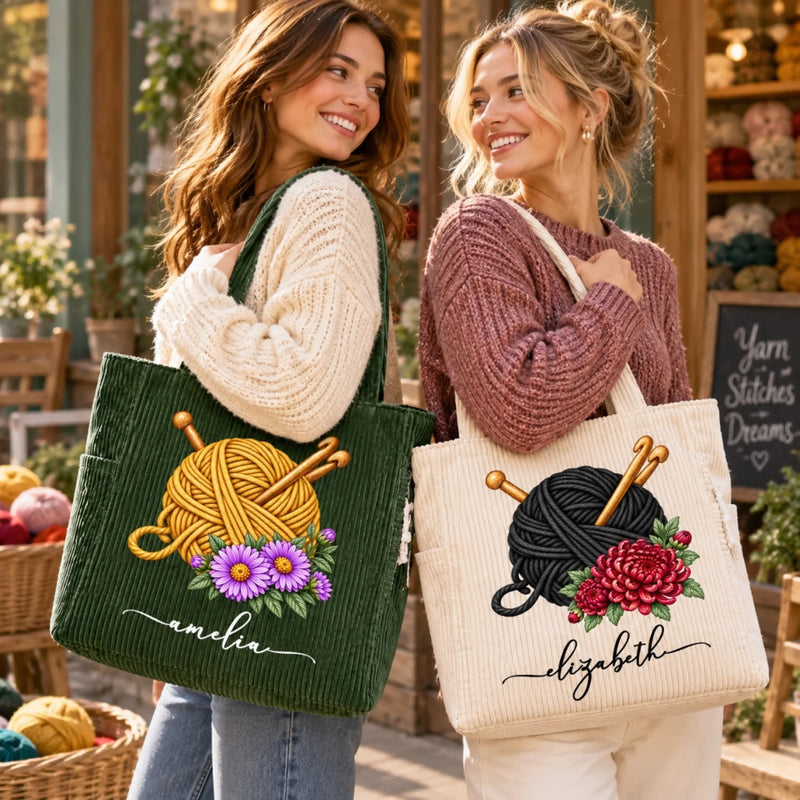 Custom Yarn Corduroy Tote Bag - Personalized Birthday Gifts For Crochet Knitting Lovers, Crocheters, Knitters, Wife, Daughter, Besties, Sisters, Granddaughter, Grandma, Mom, Yourself - Bloom & Stitch