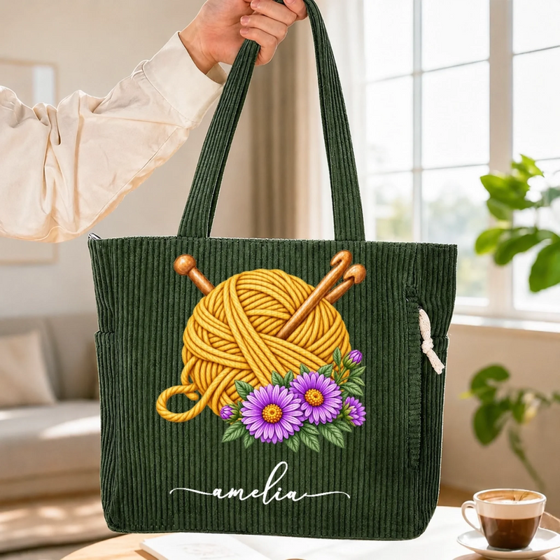 Custom Yarn Corduroy Tote Bag - Personalized Birthday Gifts For Crochet Knitting Lovers, Crocheters, Knitters, Wife, Daughter, Besties, Sisters, Granddaughter, Grandma, Mom, Yourself - Bloom & Stitch
