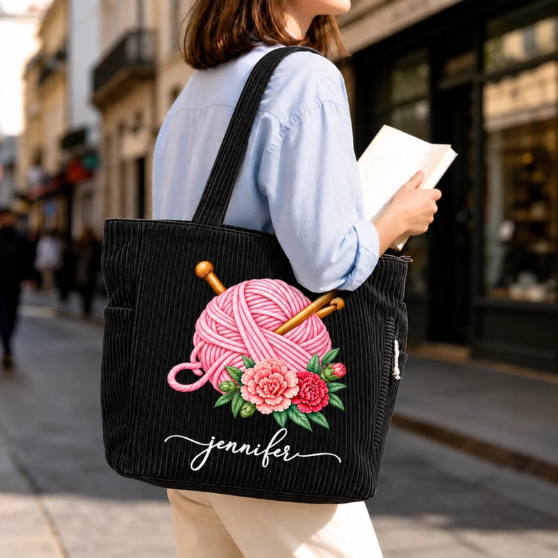 Custom Yarn Corduroy Tote Bag - Personalized Birthday Gifts For Crochet Knitting Lovers, Crocheters, Knitters, Wife, Daughter, Besties, Sisters, Granddaughter, Grandma, Mom, Yourself - Bloom & Stitch