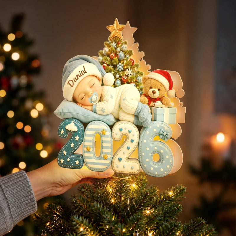 Custom LED Tree Topper - Personalized Christmas Baby Shower, Gender Reveal Gifts For New Moms, New Dads, New Parents - Tiny Christmas Wonder
