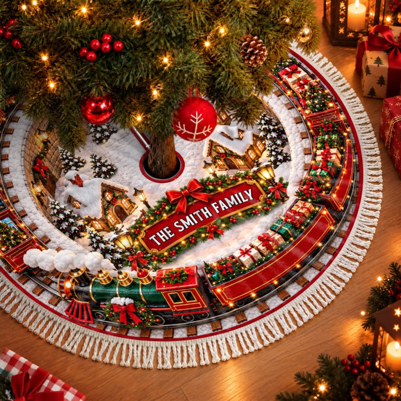 Custom Christmas Train Tree Skirt - Personalized Christmas Birthday Gifts For Mom, Dad, Brother, Sister - All Aboard The Family Express