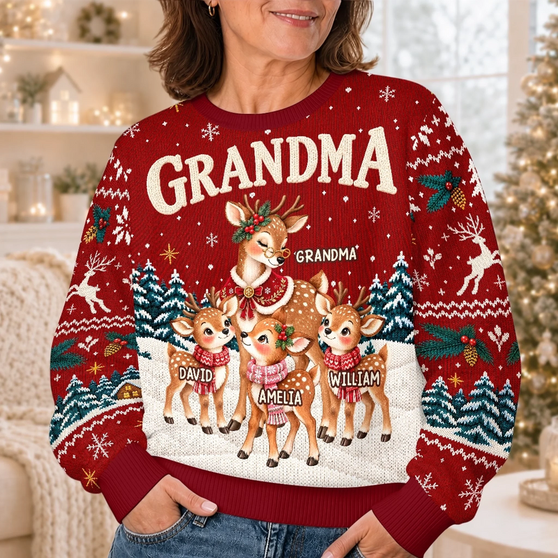 Custom Reindeer Ugly Sweatshirt - Personalized Christmas Birthday Gifts For Grandma - Merry Season, Happy Crew