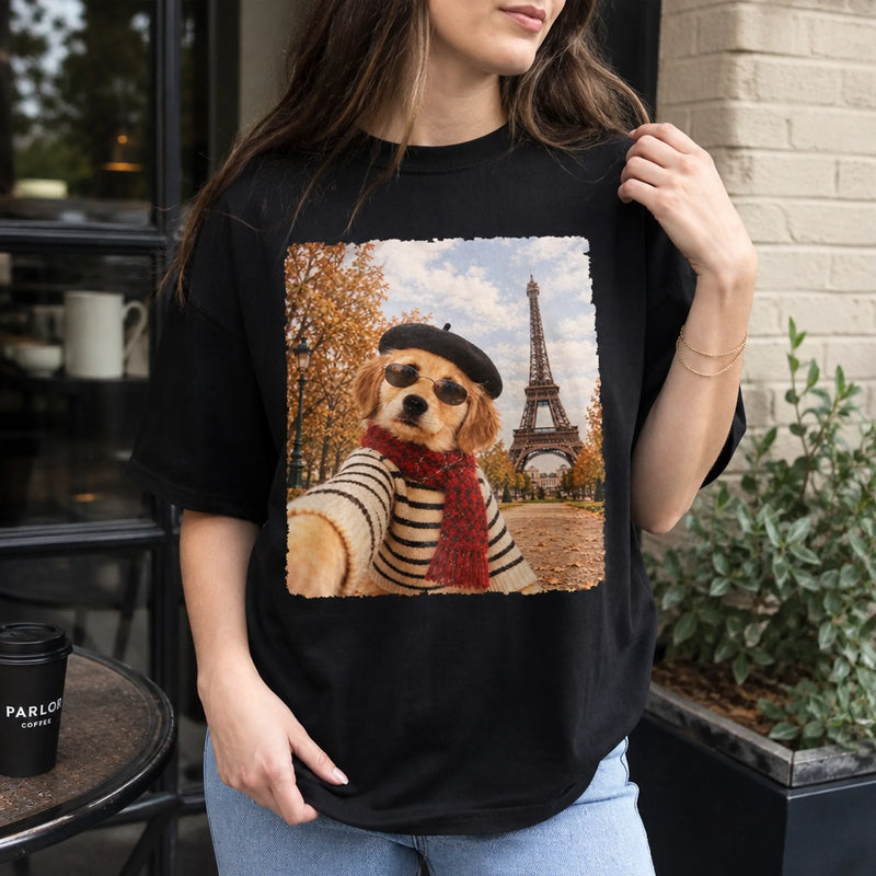 Custom Photo Funny Dog Selfie in Paris
Comfort T-Shirt - Personalized Birthday Gifts For Dog Cat Lovers, Dog Dad And Mom, Cat Owners - Parisian Vibes With My Pup